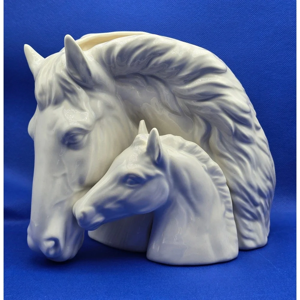 Vintage White Ceramic Horse Mare & Foal Planter Vase Statue Figurine Decor